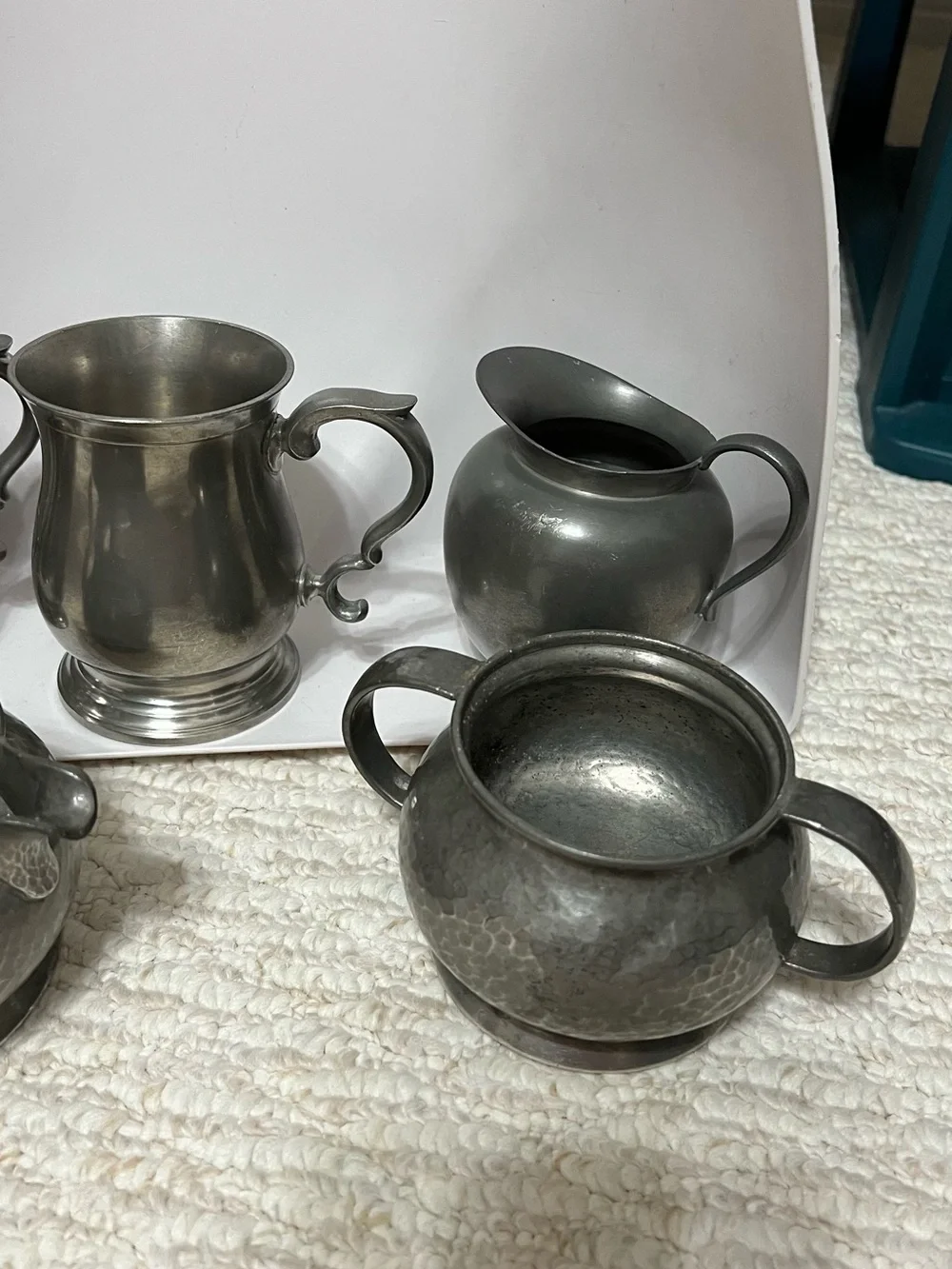 Classic 5 piece Pewter Mug and Creamer Set - Silver Toned